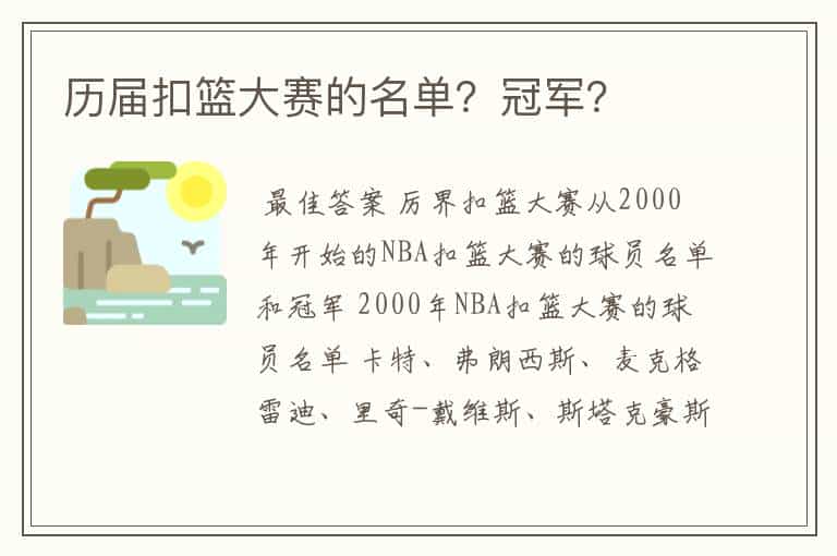 历届扣篮大赛的名单?冠军?