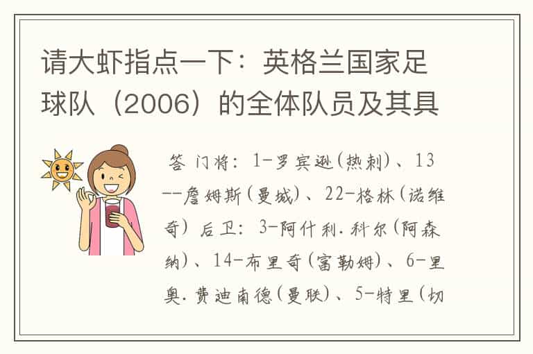 请大虾指点一下:英格兰国家足球队(2006)的全体队员及其具体对应的号码是多少?