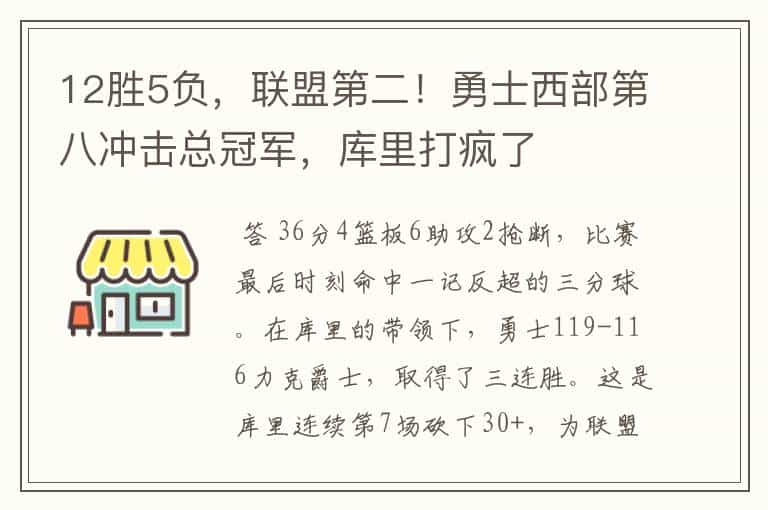 12胜5负,联盟第二!勇士西部第八冲击总冠军,库里打疯了
