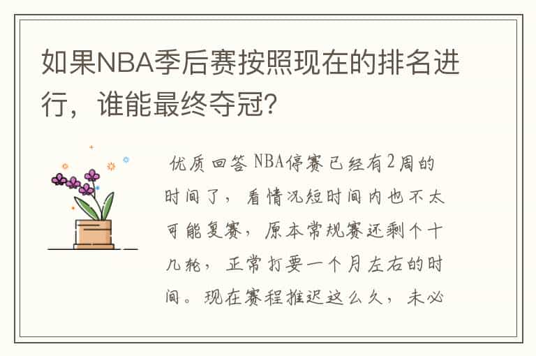 如果NBA季后赛按照现在的排名进行,谁能最终夺冠?