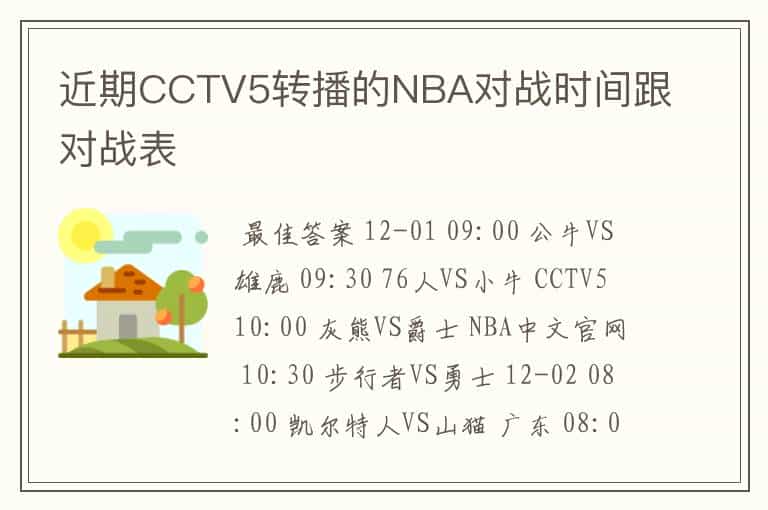 近期CCTV5转播的NBA对战时间跟对战表