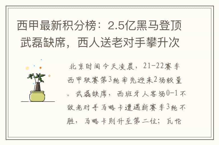 西甲最新积分榜:2.5亿黑马登顶 武磊缺席,西人送老对手攀升次席
