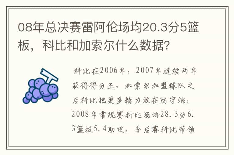08年总决赛雷阿伦场均20.3分5篮板,科比和加索尔什么数据?