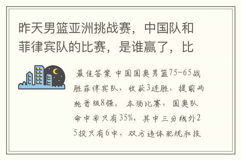 昨天男篮亚洲挑战赛,中国队和菲律宾队的比赛,是谁赢了,比分是多少。