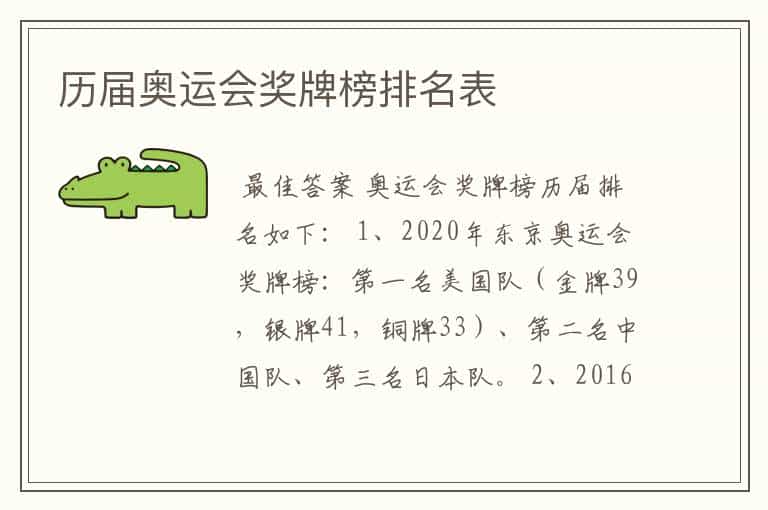 历届奥运会奖牌榜排名表