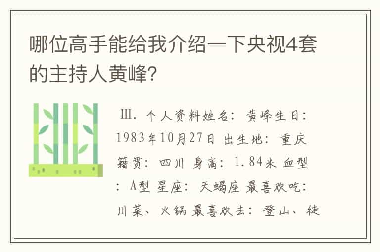 哪位高手能给我介绍一下央视4套的主持人黄峰？