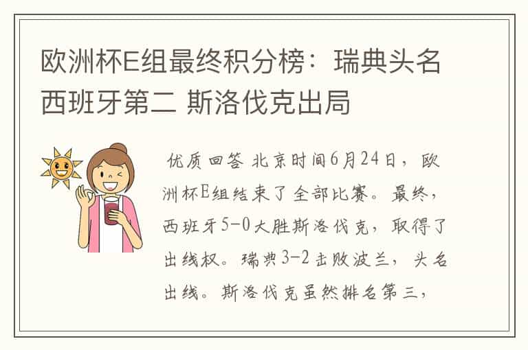 欧洲杯E组最终积分榜:瑞典头名西班牙第二 斯洛伐克出局