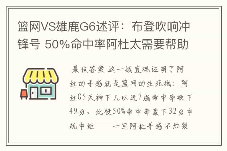 篮网VS雄鹿G6述评:布登吹响冲锋号 50%命中率阿杜太需要帮助