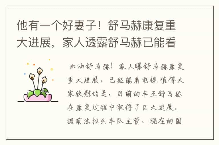 他有一个好妻子!舒马赫康复重大进展,家人透露舒马赫已能看电视