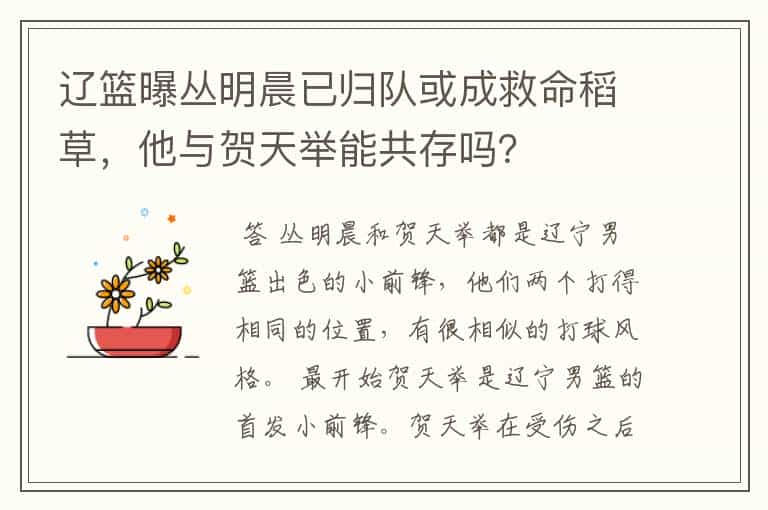 辽篮曝丛明晨已归队或成救命稻草,他与贺天举能共存吗?