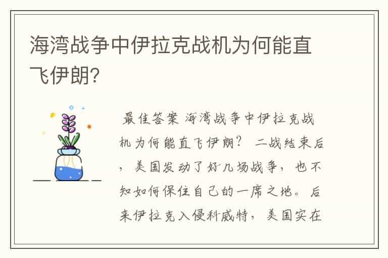 海湾战争中伊拉克战机为何能直飞伊朗?