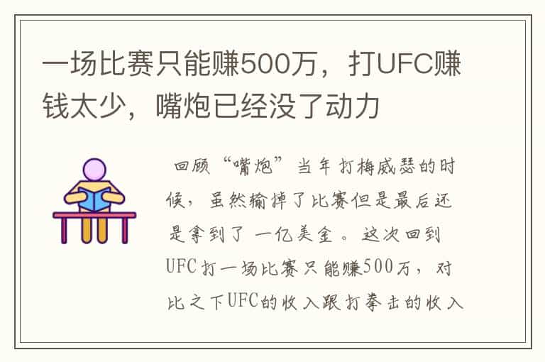 一场比赛只能赚500万,打UFC赚钱太少,嘴炮已经没了动力