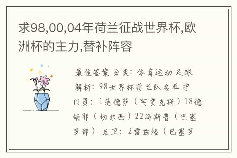 求98,00,04年荷兰征战世界杯,欧洲杯的主力,替补阵容