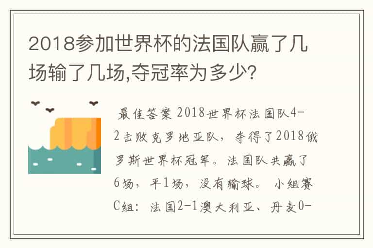 2018参加世界杯的法国队赢了几场输了几场,夺冠率为多少?