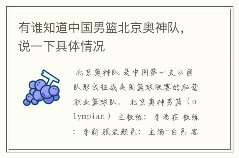 有谁知道中国男篮北京奥神队,说一下具体情况