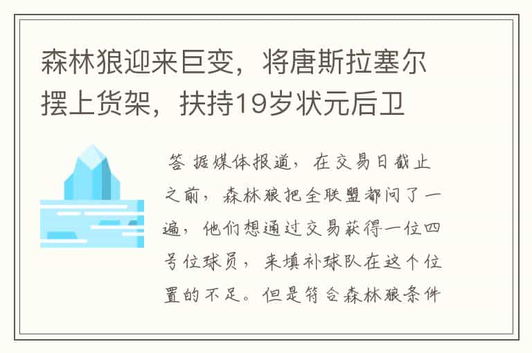 森林狼迎来巨变,将唐斯拉塞尔摆上货架,扶持19岁状元后卫