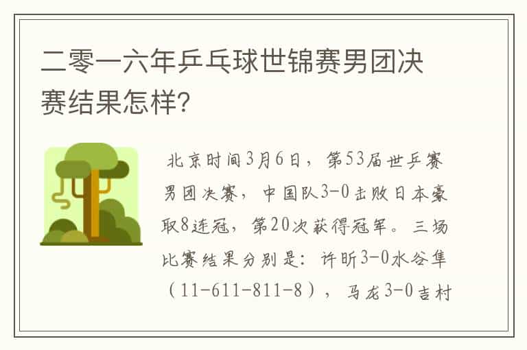 二零一六年乒乓球世锦赛男团决赛结果怎样?