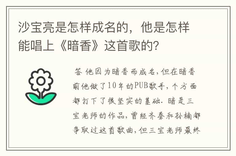 沙宝亮是怎样成名的,他是怎样能唱上《暗香》这首歌的?