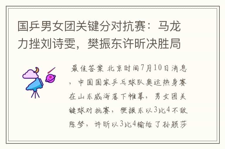 国乒男女团关键分对抗赛:马龙力挫刘诗雯,樊振东许昕决胜局惜败