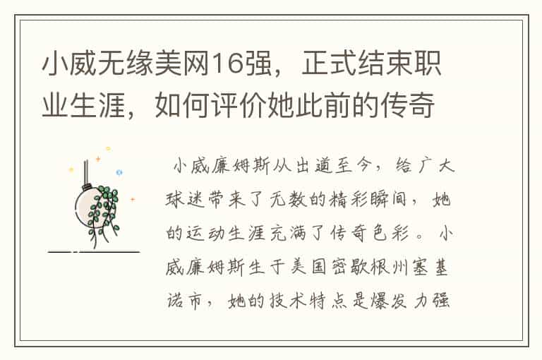 小威无缘美网16强,正式结束职业生涯,如何评价她此前的传奇生涯?