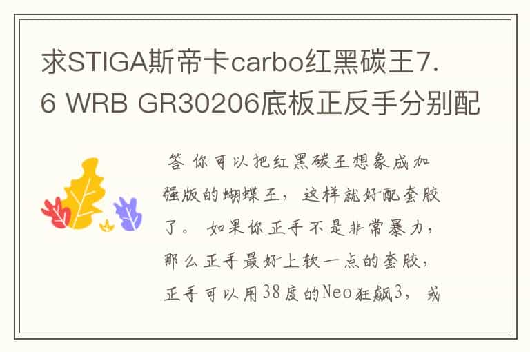 求STIGA斯帝卡carbo红黑碳王7.6 WRB GR30206底板正反手分别配什么胶皮好!