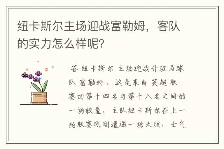 纽卡斯尔主场迎战富勒姆,客队的实力怎么样呢?