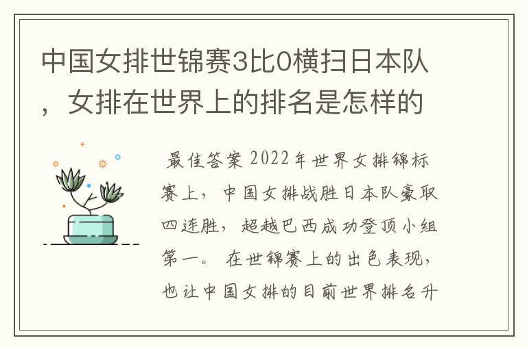中国女排世锦赛3比0横扫日本队,女排在世界上的排名是怎样的?
