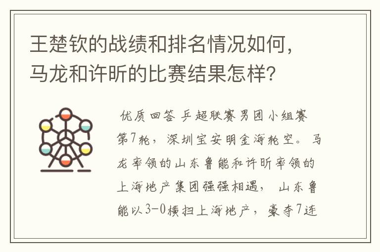 王楚钦的战绩和排名情况如何,马龙和许昕的比赛结果怎样?