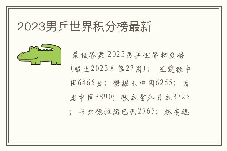 2023男乒世界积分榜最新
