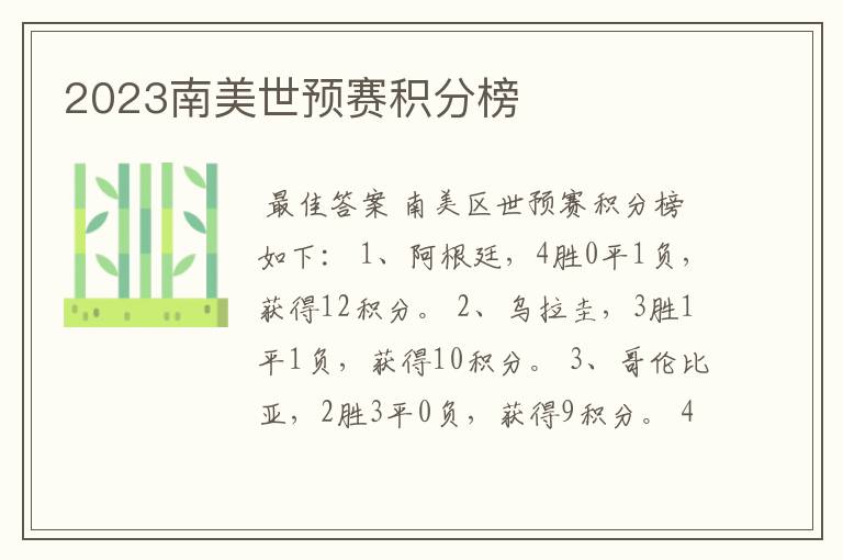 2023南美世预赛积分榜