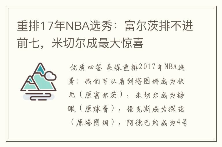 重排17年NBA选秀:富尔茨排不进前七,米切尔成最大惊喜