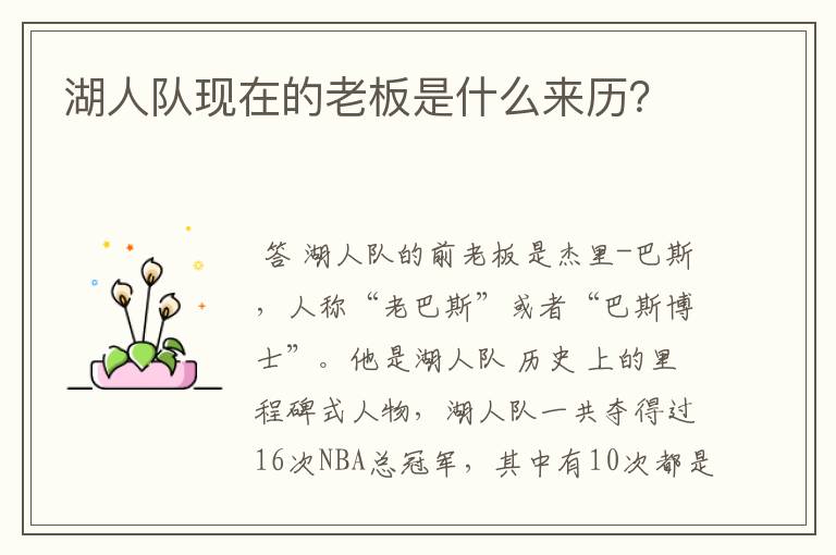 湖人队现在的老板是什么来历?