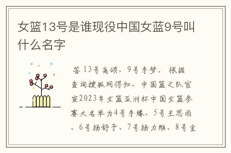 女篮13号是谁现役中国女蓝9号叫什么名字