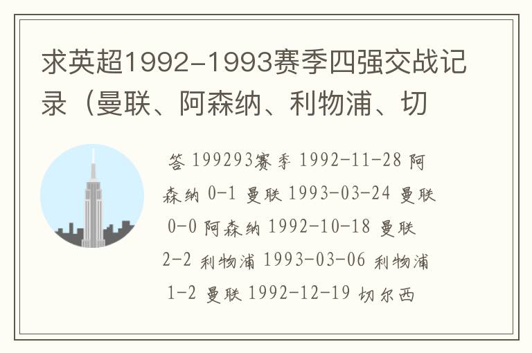 求英超1992-1993赛季四强交战记录(曼联、阿森纳、利物浦、切尔西)