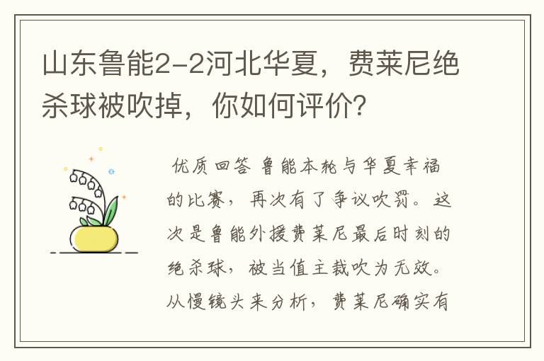 山东鲁能2-2河北华夏,费莱尼绝杀球被吹掉,你如何评价?