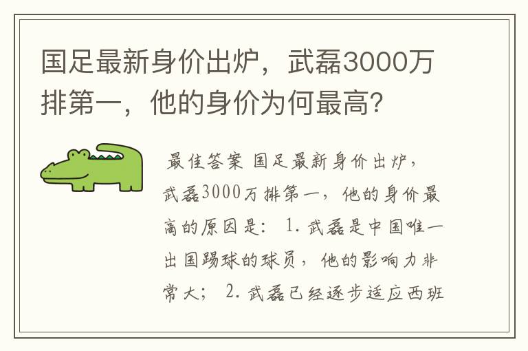 国足最新身价出炉,武磊3000万排第一,他的身价为何最高?