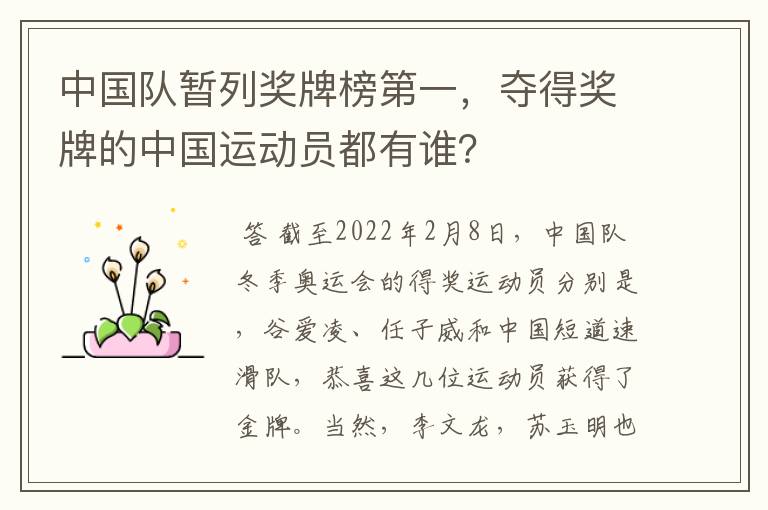 中国队暂列奖牌榜第一,夺得奖牌的中国运动员都有谁?