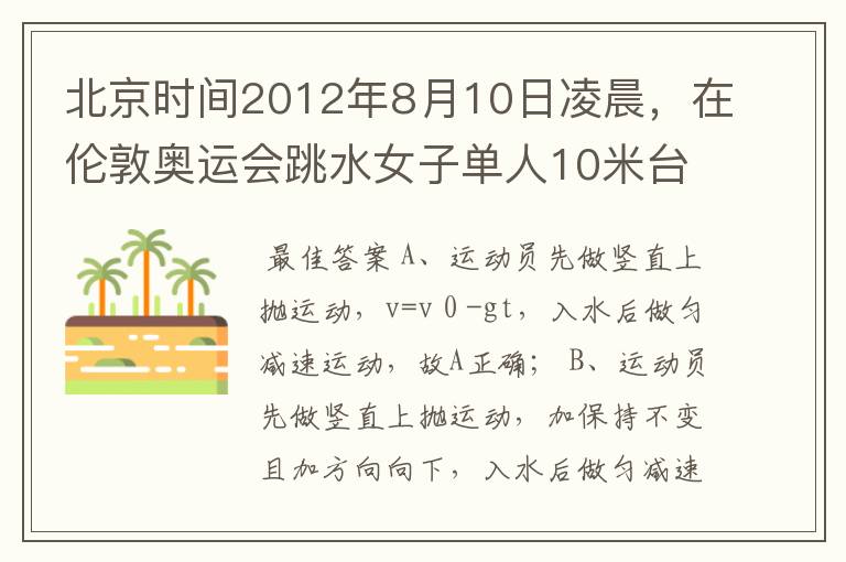 北京时间2012年8月10日凌晨,在伦敦奥运会跳水女子单人10米台决赛中,卫冕冠军陈若琳以绝对优势夺冠,这