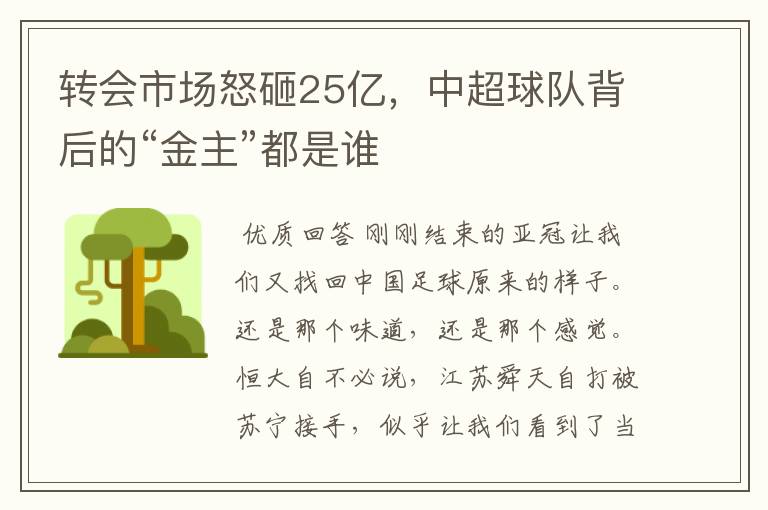 转会市场怒砸25亿,中超球队背后的“金主”都是谁