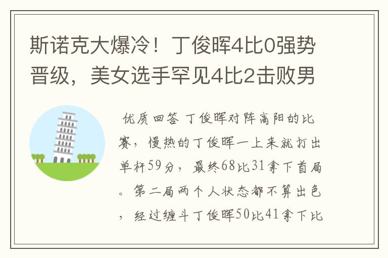 斯诺克大爆冷!丁俊晖4比0强势晋级,美女选手罕见4比2击败男选手