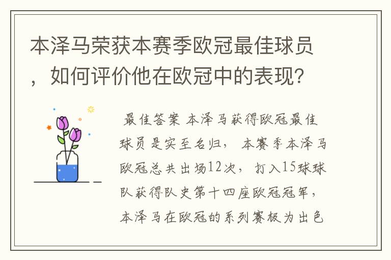 本泽马荣获本赛季欧冠最佳球员,如何评价他在欧冠中的表现?