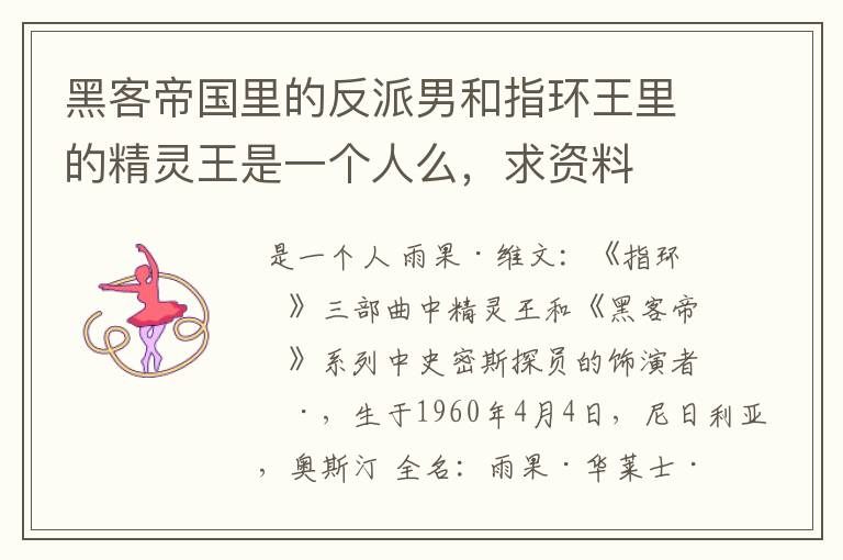 黑客帝国里的反派男和指环王里的精灵王是一个人么,求资料