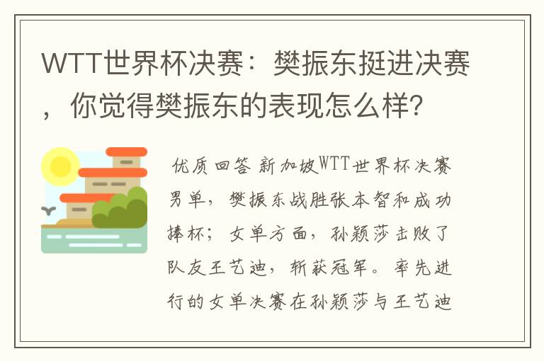 WTT世界杯决赛:樊振东挺进决赛,你觉得樊振东的表现怎么样?