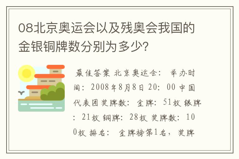 08北京奥运会以及残奥会我国的金银铜牌数分别为多少?
