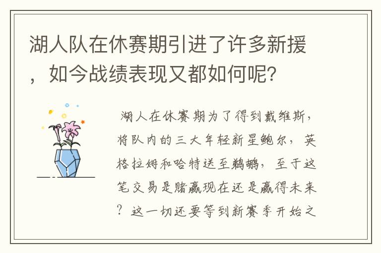 湖人队在休赛期引进了许多新援,如今战绩表现又都如何呢?