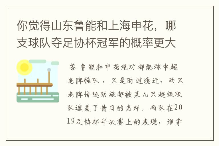你觉得山东鲁能和上海申花,哪支球队夺足协杯冠军的概率更大?