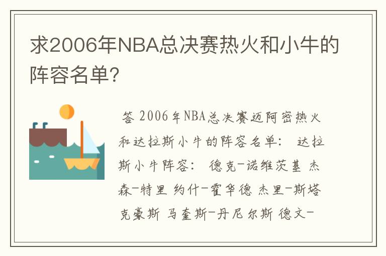 求2006年NBA总决赛热火和小牛的阵容名单?
