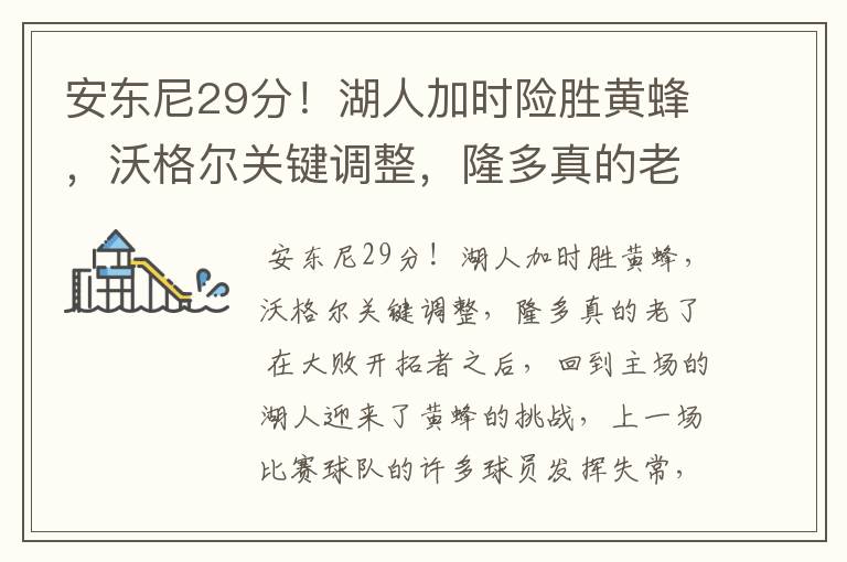 安东尼29分!湖人加时险胜黄蜂,沃格尔关键调整,隆多真的老了