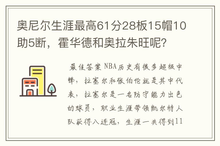 奥尼尔生涯最高61分28板15帽10助5断,霍华德和奥拉朱旺呢?