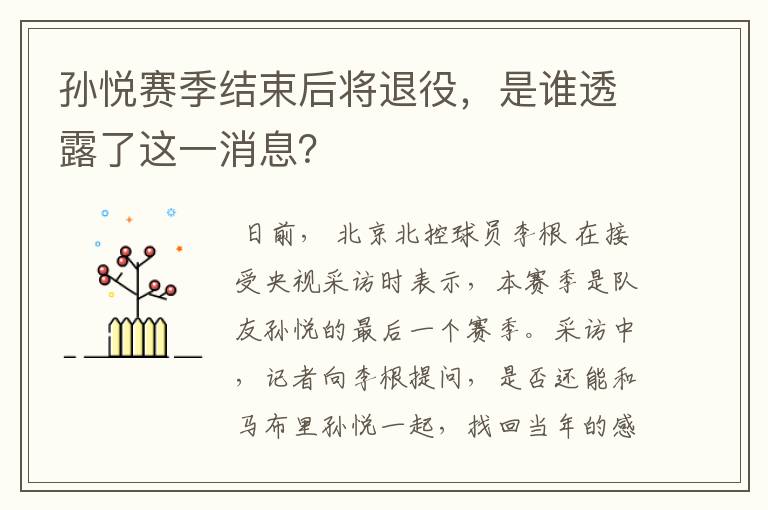 孙悦赛季结束后将退役,是谁透露了这一消息?
